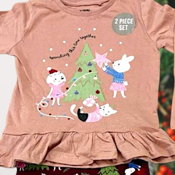 Girls Christmas Tree Unicorn Pajama Set – Ruffle Hem Top & Printed Leggings - Picture 3 of 5
